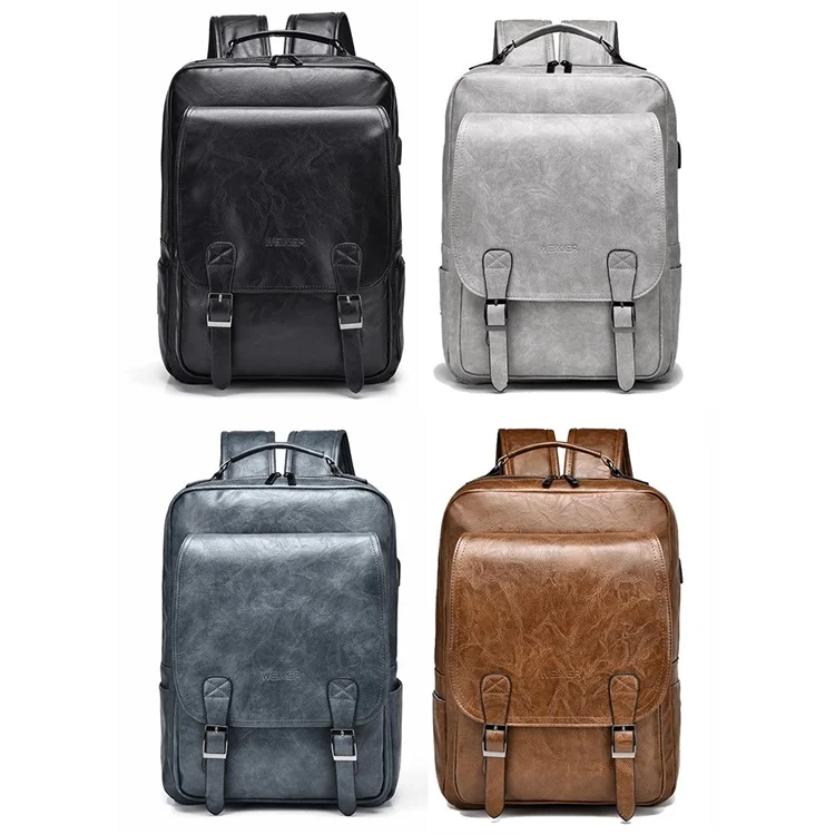 WEIXIER B677 Mochila de Couro de PU com Porta USB para Homens Bolsa de Viagem com Ombros Duplos - Cinza