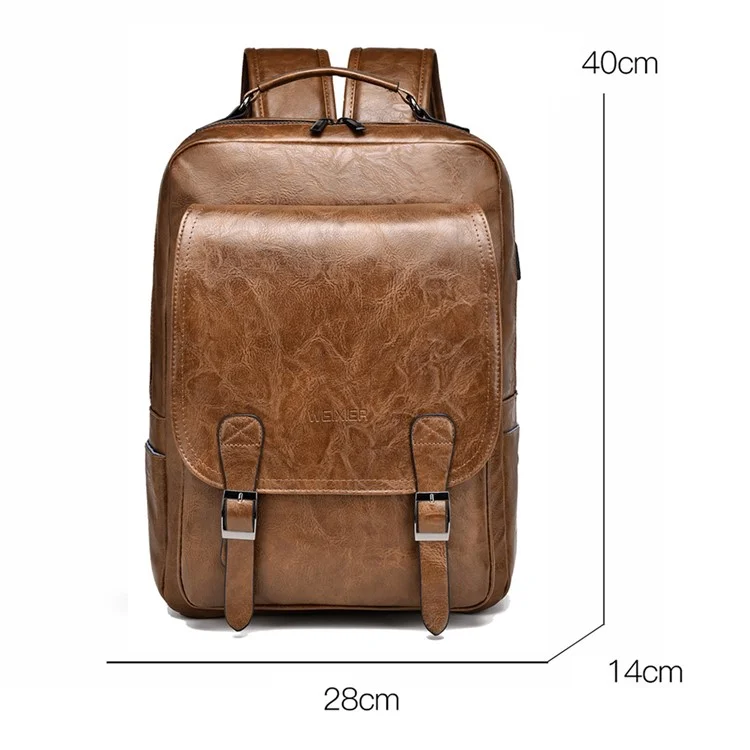 WEIXIER B677 Mochila de Couro de PU com Porta USB para Homens Bolsa de Viagem com Ombros Duplos - Cinza