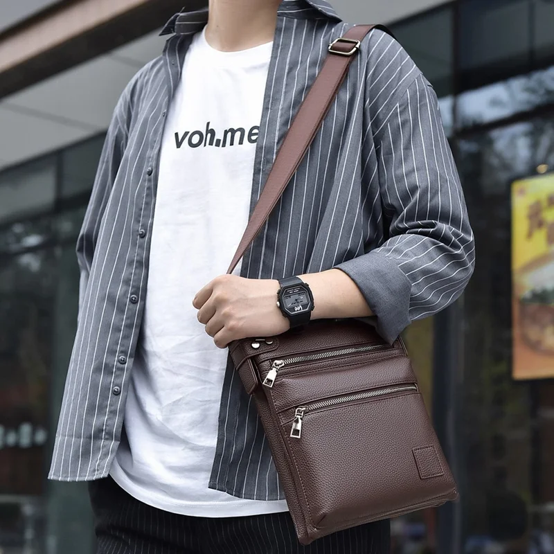 Bolsa Transversal para Homens de Negócios D277 Múltiplos Bolsos de Couro PU - Estilo B / Marrom