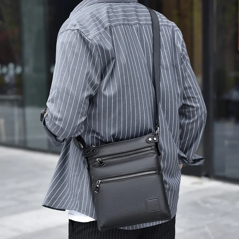 D277 Business Men Crossbody Bag Multiple Pockets PU Leather Messenger Bag - Style C / Black