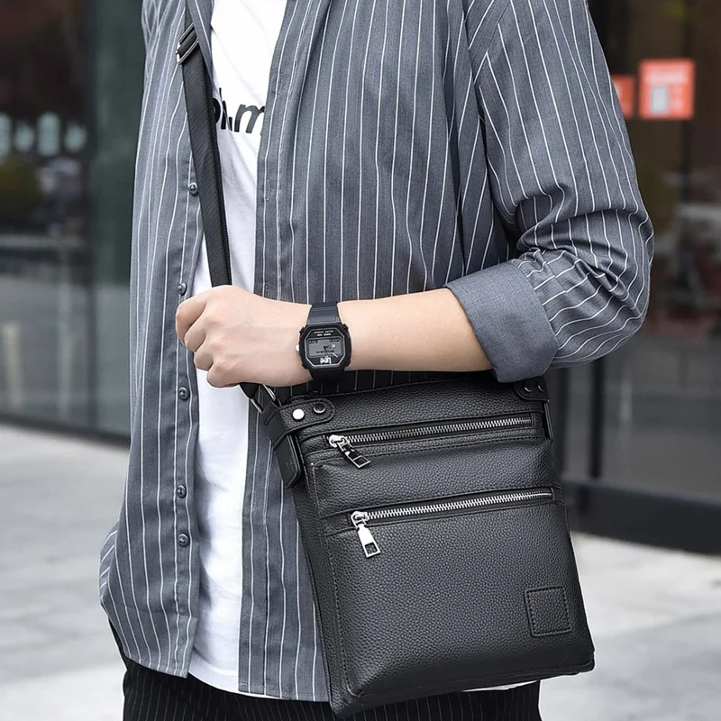 D277 Business Men Crossbody Bag Multiple Pockets PU Leather Messenger Bag - Style C / Black