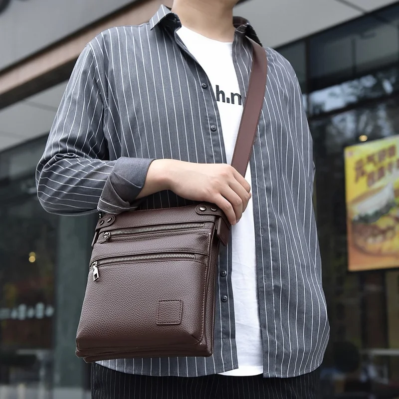 D277 Business Men Crossbody Bag Multiple Pockets PU Leather Messenger Bag - Style C / Brown