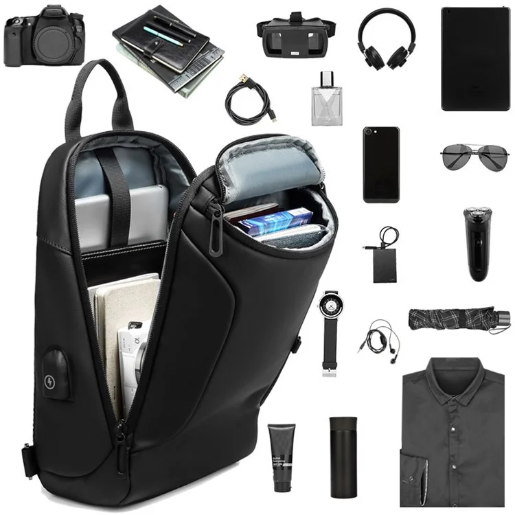 EURCOOL 1911 Men's Black Chest Bag PVC+Polyester Commuting Shoulder Sling Bag