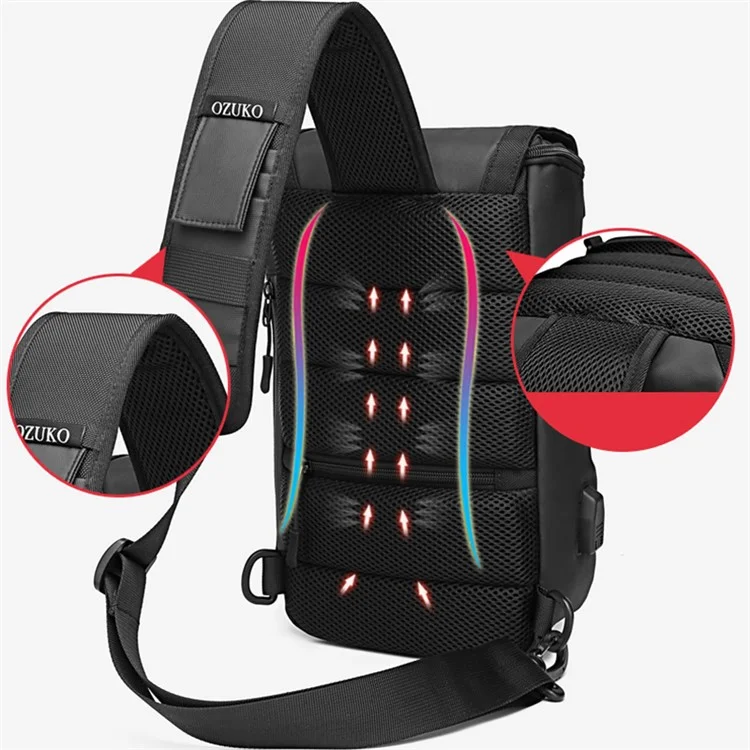 OZUKO 9334 Oxford Cloth USB Port Men's Chest Bag Travel Crossbody Bag Daypack - Black