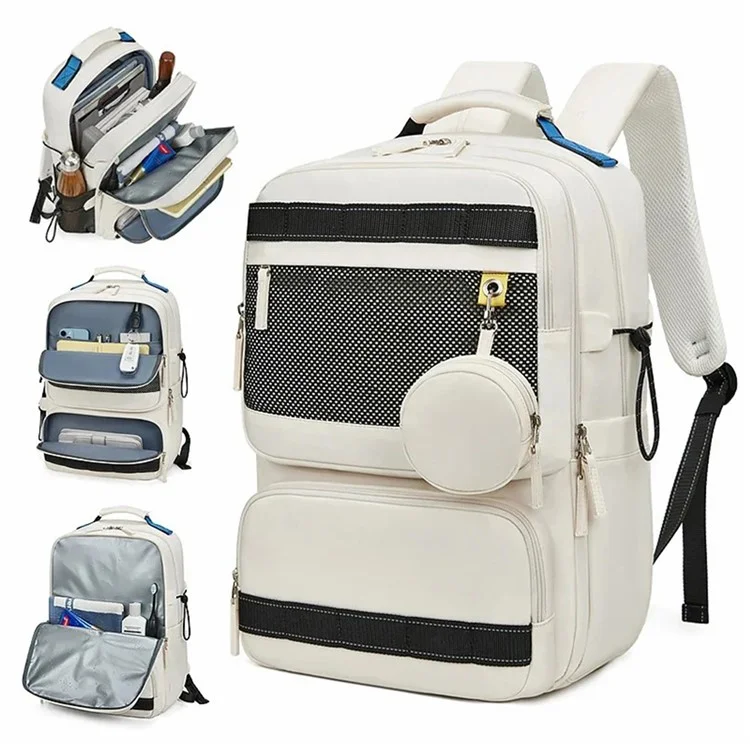 Mochila de Viagem Masculina 2287 Nylon Duplo Ombro Bag Grande Laptop Bag - Bege