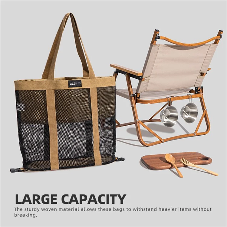 CLS Large Capacity Camping Picnic Beach Mesh Bag Oxford Cloth Travel Shopping Tote Bag - Braun