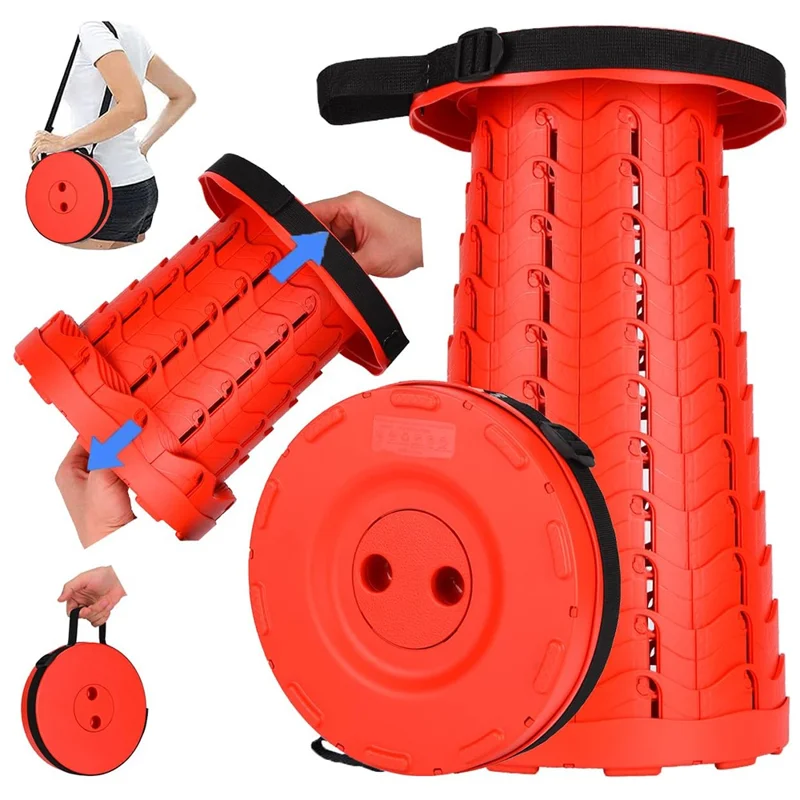 Outdoor Camping Fishing Folding Stool Portable Telescopic Chair with Shoulder Strap - Red