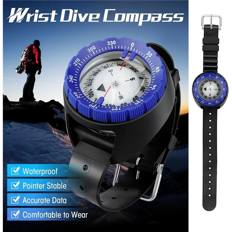JINGU Q60B Underwater Navigation Compass Waterproof Luminous Dial Wrist Compass for Diving Swimming - Blue