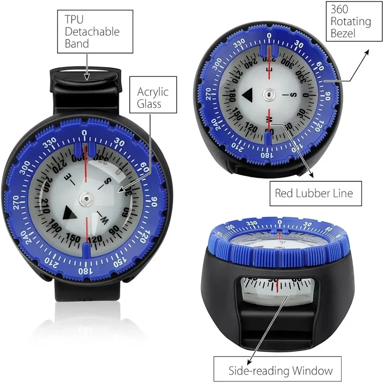 JINGU Q60B Underwater Navigation Compass Waterproof Luminous Dial Wrist Compass for Diving Swimming - Blue
