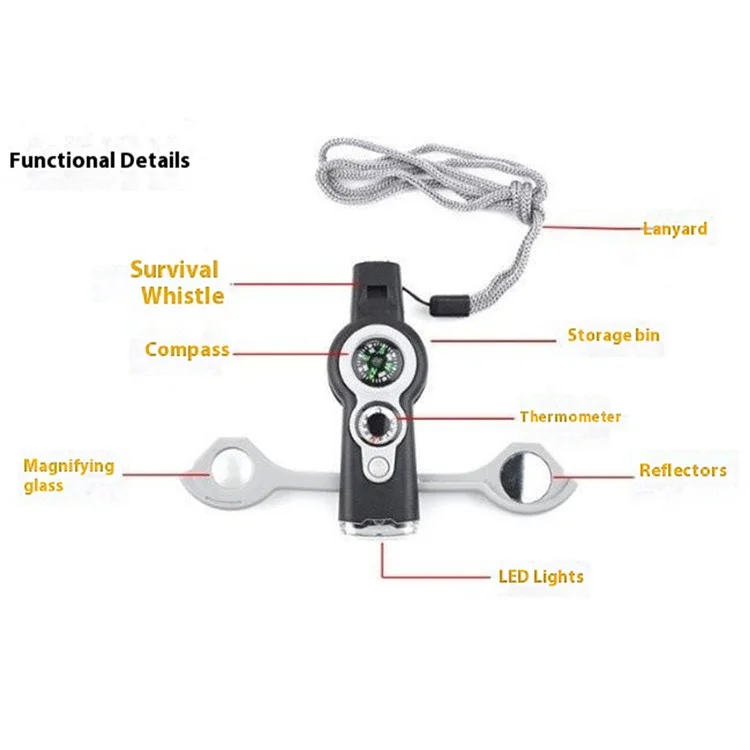 7-in-1 Multifunctional Whistle Outdoor Survival Whistle with Compass / LED Light / Magnifier - Orange