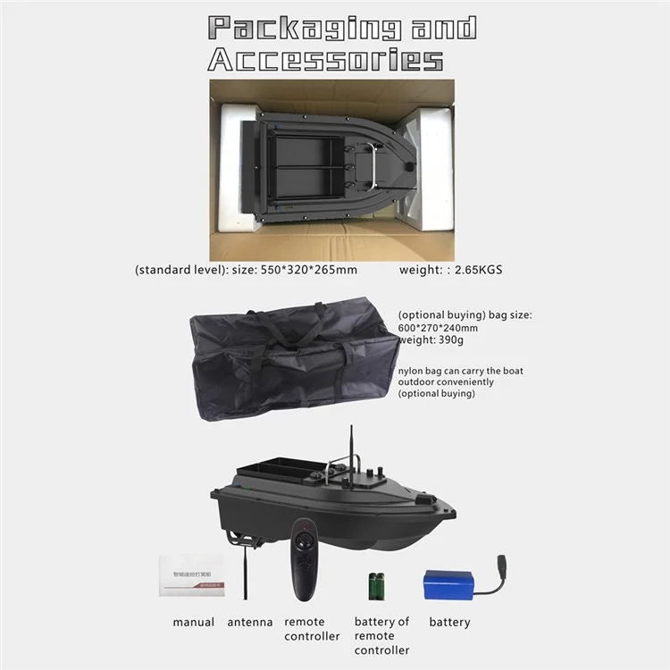 Bateau d'appâtage D16C de 2 kg avec double emplacement d'appât, gyroscope à 6 axes pour rivières / lacs / eaux côtières (Certifié CE) - Prise européenne