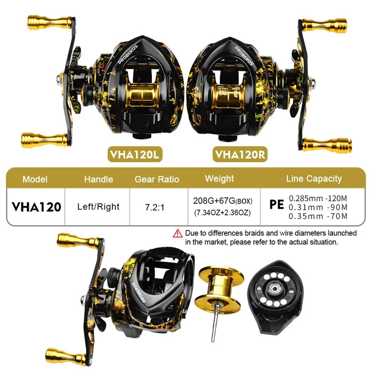 PROBEROS VHA120 7.2:1 High-Speed Baitcasting Reel with Magnetic Brake System, Fishing Reel - Left Hand