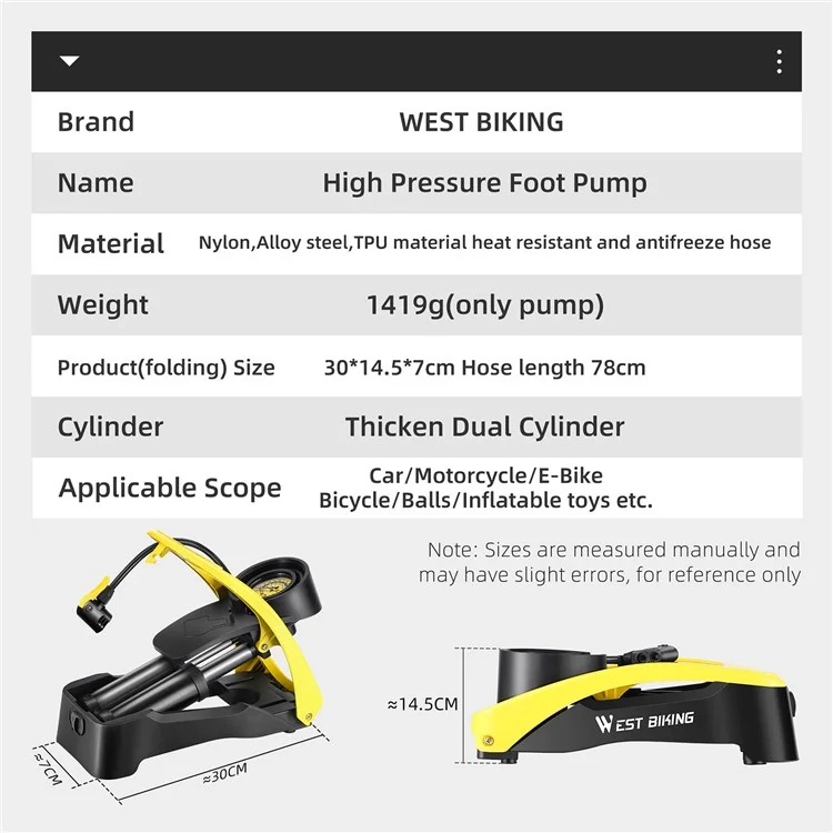 WEST BIKING YP0711168 Bomba de Pie de Alta Presión de Doble Cilindro para Bicicleta / Motocicleta / Coche