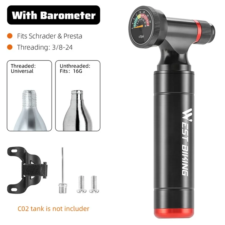 WEST BIKING YP0711174-173 Inflador de Bicicleta CO2 de Aleación de Aluminio con Indicador de Presión (Sin Tanque de Gas)