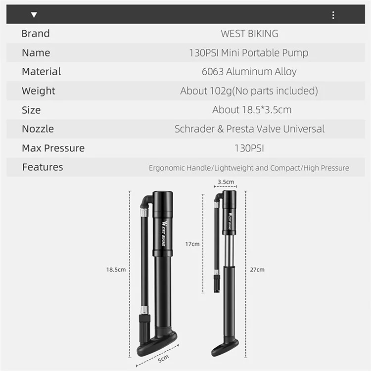 WEST BIKING YP0711175 Universal Schrader / Presta Valve Aluminum Alloy 130PSI Mini Bike Pump