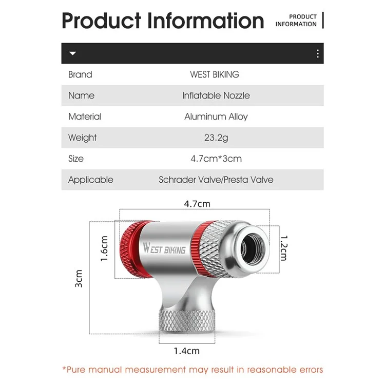 WEST BIKING YP0711172 Aluminum Alloy Mountain Bicycle Inflatable Nozzle for CO2 Gas Tank