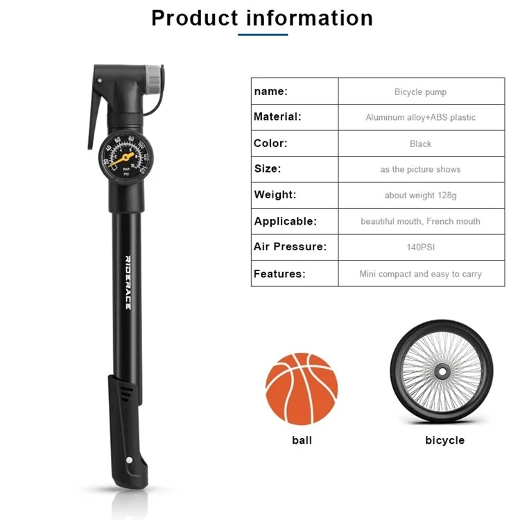 Riderace RR9289 Bomba de Bicicleta Portátil Com Medidor 140PSI Alumínio de Alumínio Hand Hand Pneu Air Inflation