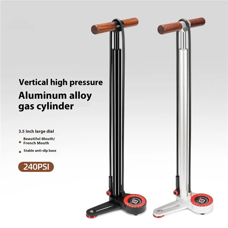 ROCKBROS DLD-1201 For Bicycle Motorcycle High Pressure Floor Pump with Gauge 240 PSI Wooden Handle Inflator - Black
