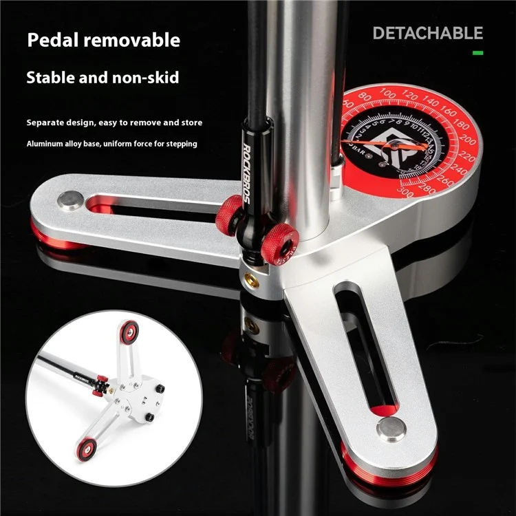 ROCKBROS DLD-1201 For Bicycle Motorcycle High Pressure Floor Pump with Gauge 240 PSI Wooden Handle Inflator - Black