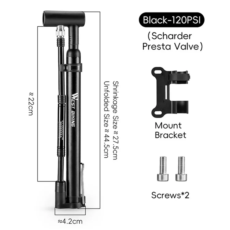 WEST BIKING YP0711190 Portable Bike Pump High Pressure 120PSI Presta Schrader Valve Bicycle Tire Inflator