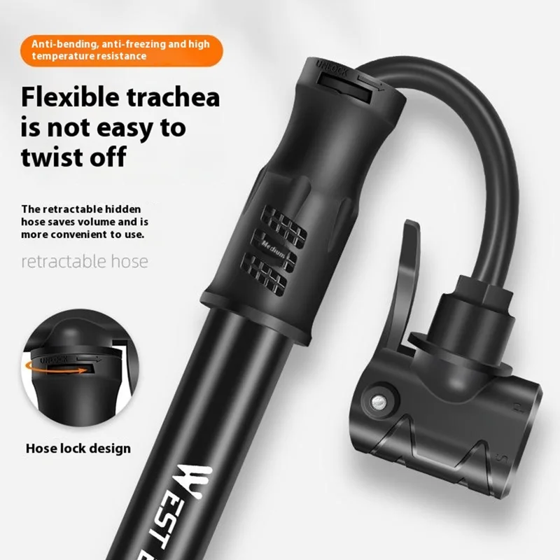 WEST BIKING YP0711133 Портативный мини-насос для велосипеда с гибким шлангом из алюминиевого сплава для наружного использования при езде на велосипеде - Черный