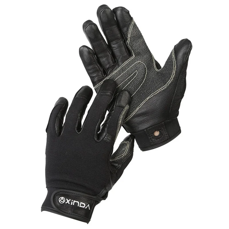XINDA H-STO1 Goatskin Leather Gloves for Outdoor Rappelling Climbing Training Full Finger Protective Mittens - Black / S
