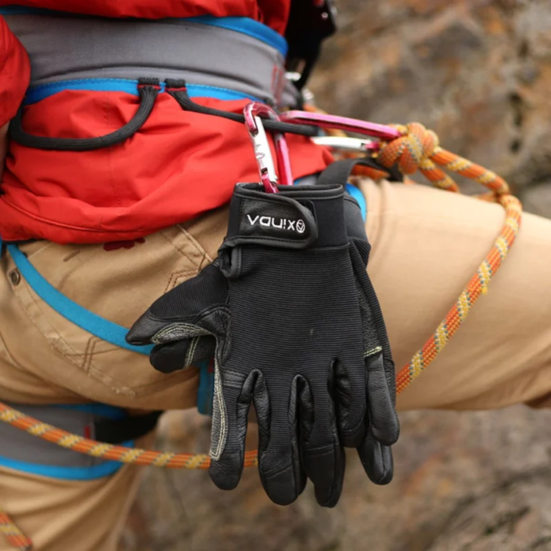 XINDA H-STO1 Goatskin Leather Gloves for Outdoor Rappelling Climbing Training Full Finger Protective Mittens - Black / S