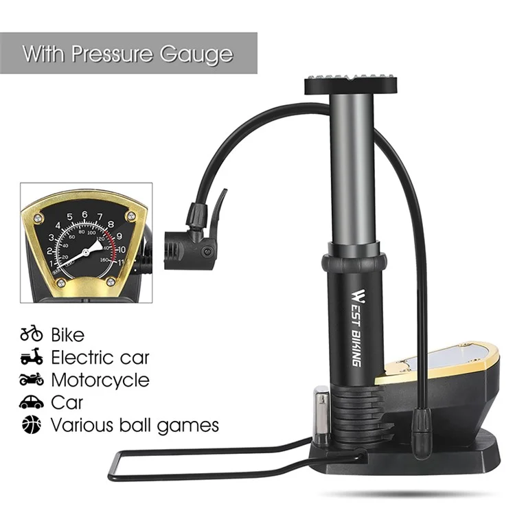 WEST BIKING YP0711118 Portable 140PSI Bicycle Tire Foot Pump Bike Air Inflator avec Manomètre - Noir