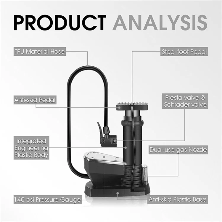 WEST BIKING YP0711118 Portable 140PSI Bicycle Tire Foot Pump Bike Air Inflator avec Manomètre - Noir