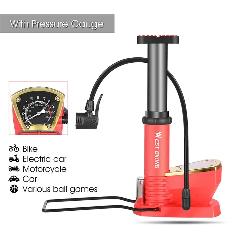 WEST BIKING YP0711118 Portable 140PSI Bicycle Tire Foot Pump Bike Air Inflator with Pressure Gauge - Red