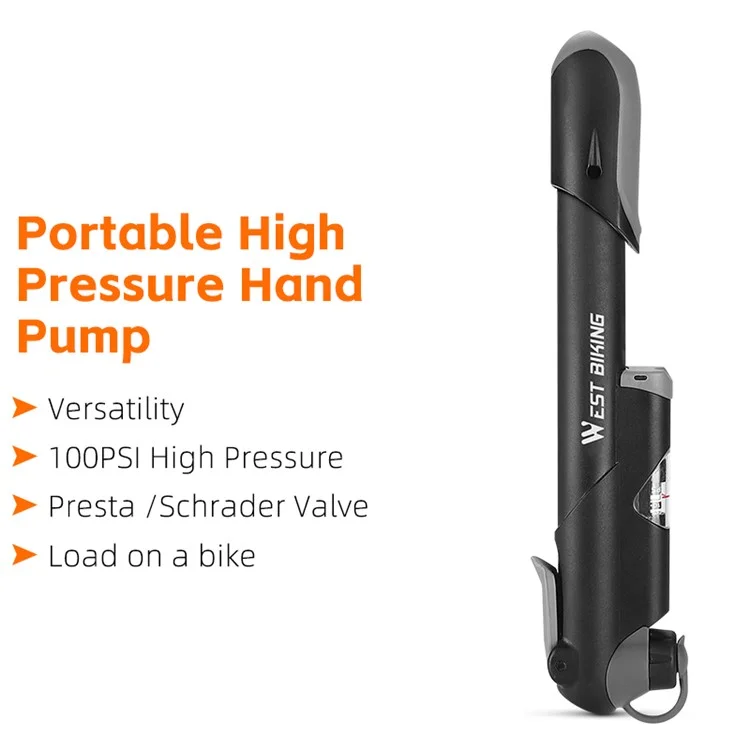 WEST BIKING YP0711157 Bomba de Mano Portátil de Alta Presión de 100 PSI con Manómetro de Presión de Aire, Inflador de Neumáticos Ligero