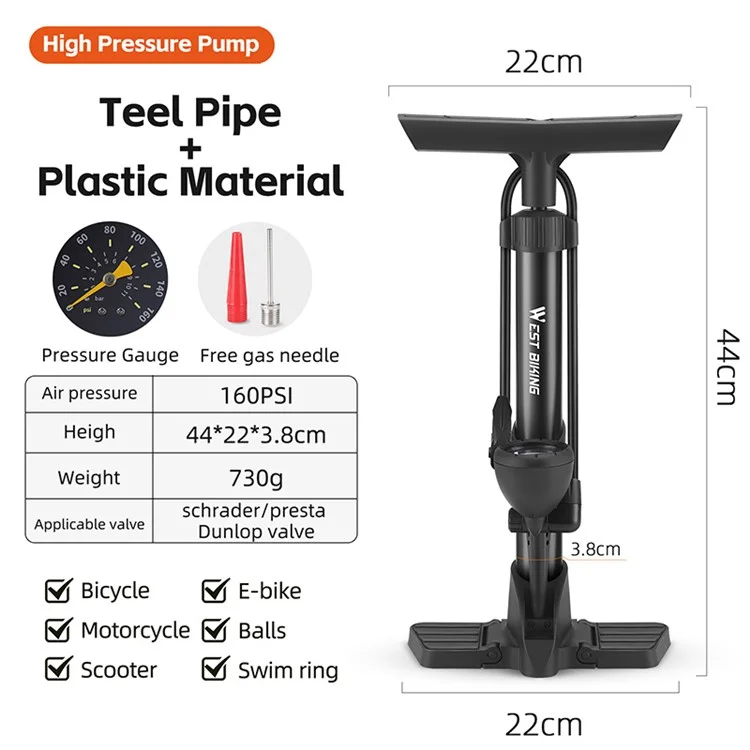 WEST BIKING YP0711153 160PSI Bomba de Alta Presión de Metal Portátil Inflador con Medidor de Presión de Neumáticos - Negro