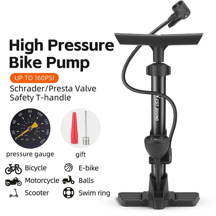 WEST BIKING YP0711153 160PSI Bomba de Alta Presión de Metal Portátil Inflador con Medidor de Presión de Neumáticos - Negro