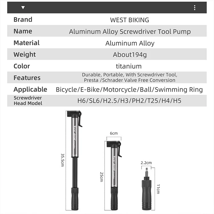 WEST BIKING YP0711155 Tragbare Fahrrad-Reifen-Luftpumpe Schraubenzieher Aluminiumlegierung Manueller Luftverdichter