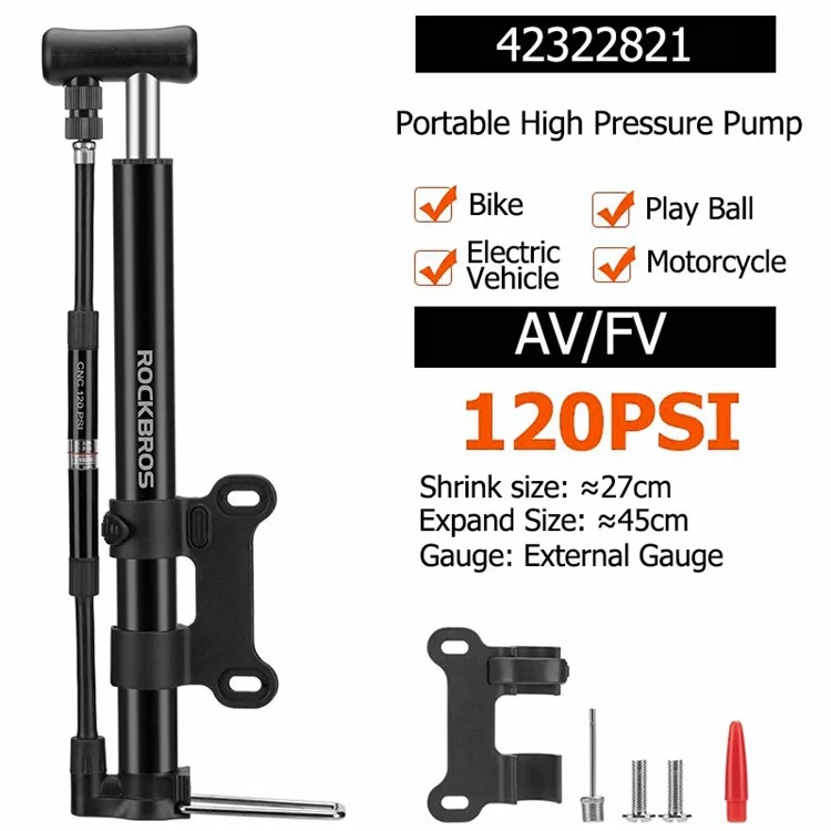 ROCKBROS MP2821 Pompe à vélo portable mini 120PSI Haute pression Gonfleur AV / FV avec manomètre à air - Noir