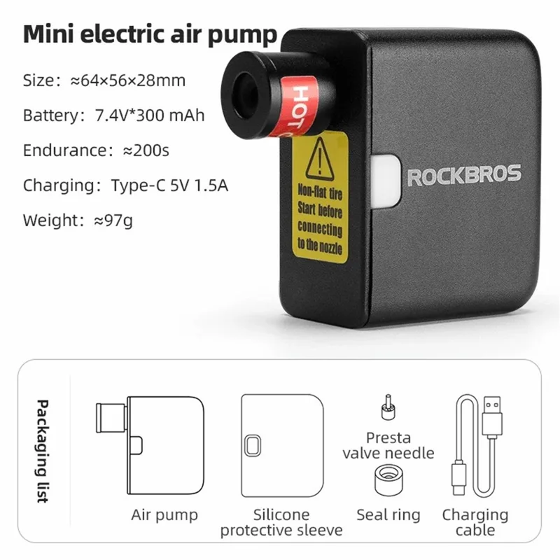 ROCKBROS AS1 Mini Electric Air Pump Portable High Pressure FV / AV Nozzle Road Mountain Bike Inflator Pump