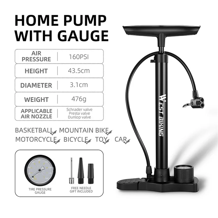 WEST BIKING YP0711142 160PSI Hochdruckluftpumpe für E-Bikes mit Manometer