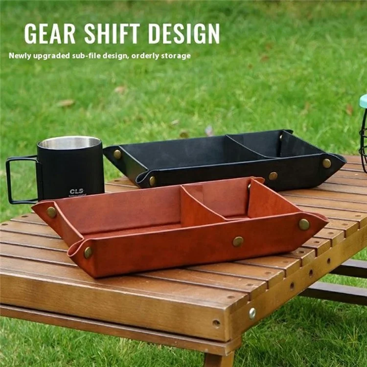 CLS Portable Outdoor PU Leather Sundries Organizer Folding Storage Tray for Camping BBQ - Brown