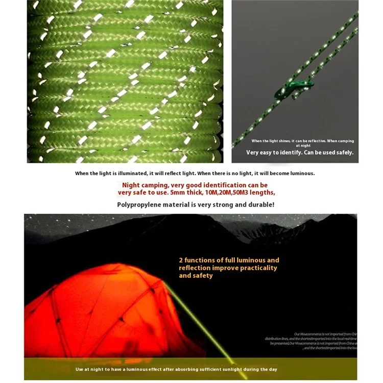 Corde de tente réfléchissante et lumineuse de 20 m, résistante au vent pour le camping, diamètre : 5 mm