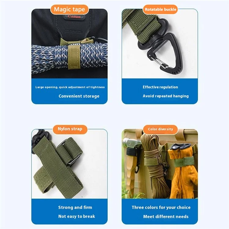 Correa de carabinero de nailon para senderismo, camping al aire libre, gancho de fijación - Verde del ejército