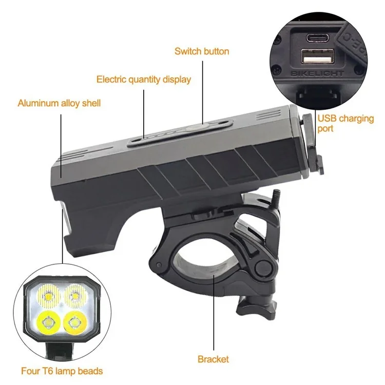 Luz dianteira de bicicleta BENGGUO BG-1920 para ciclismo noturno, recarregável por USB, de liga de alumínio e alta luminosidade.