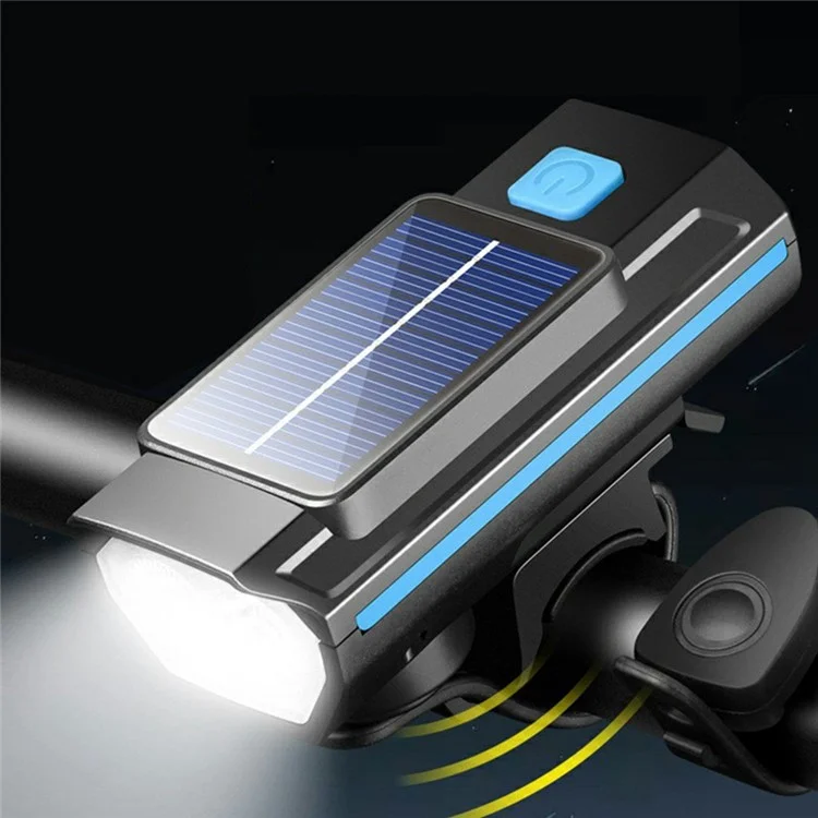 2 in 1 USB Solar Powered Bike Front Light with 120dB Horn 3 Light Modes Bicycle Headlight - Blue