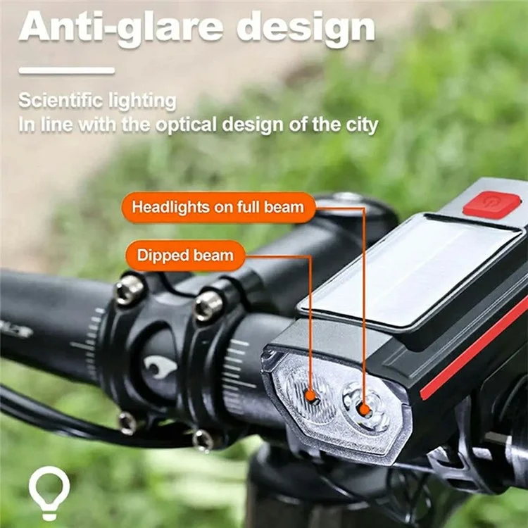 2 in 1 USB Solar Powered Bike Front Light with 120dB Horn 3 Light Modes Bicycle Headlight - Blue
