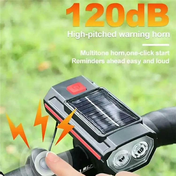 2 in 1 USB Solar Powered Bike Front Light with 120dB Horn 3 Light Modes Bicycle Headlight - Blue