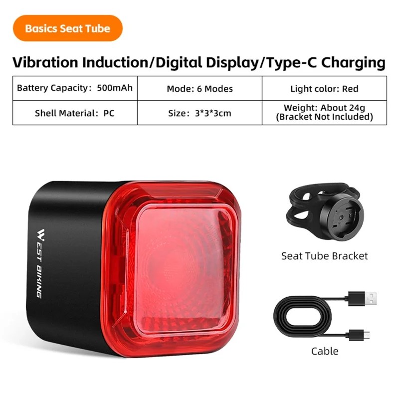 WEST BIKING Smart Bike Tail Light Brake Sensing MTB Road Bicycle Battery Display Rear Light - Seatpost Mount