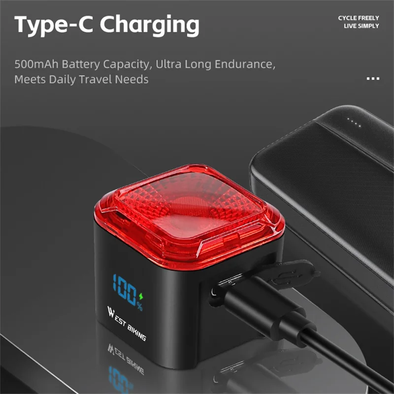 WEST BIKING Smart Bike Tail Light Brake Sensing MTB Road Bicycle Battery Display Rear Light - Seatpost Mount