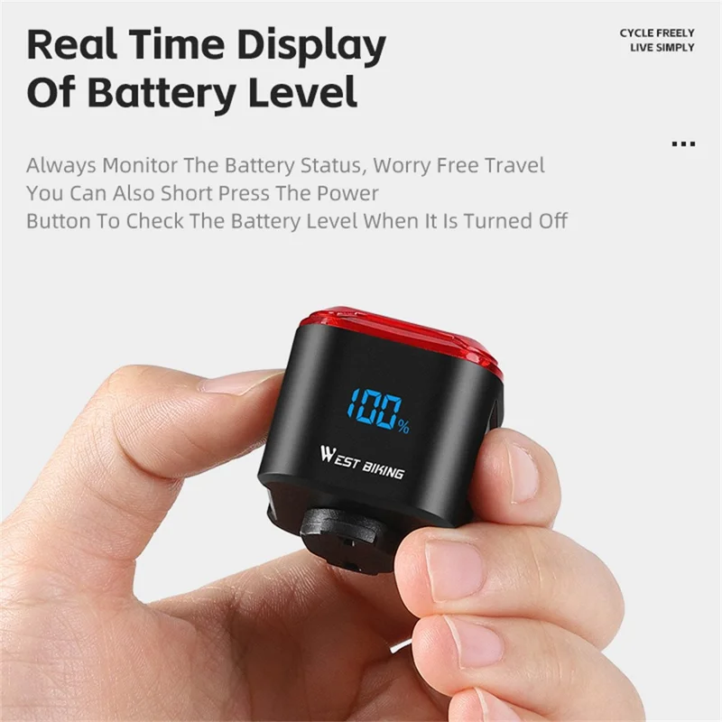 WEST BIKING Bike Smart Tail Light Brake Sensing MTB Road Cycling Battery Display Taillight - Seatpost Mount