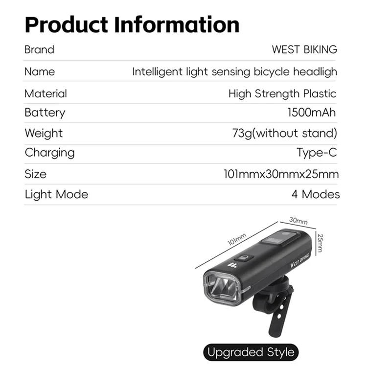 WEST BIKING YP0701458 Faro Anteriore Intelligente per Bicicletta con Sensore Luminoso, 400 Lumen, con Display Digitale