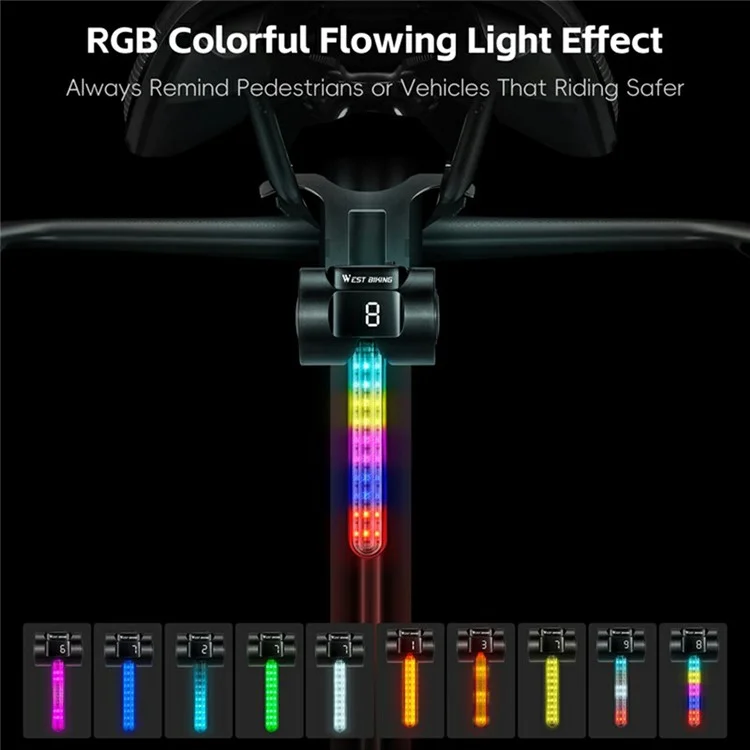 WEST BIKING YP0701464 Smart Brake Sensing Bicycle Tail Light Dynamic RGB Safety Warning Lamp