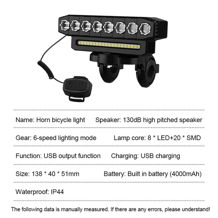 HYD-058 8LED+20SMD Fahrradlicht USB-aufladbar Mountainbike-Frontlicht mit Hupe